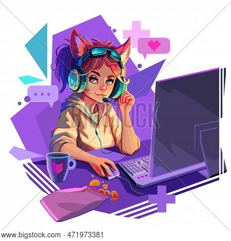 Girl Gamer Or Streamer With Cat Ears Headset Sits At A Computer.