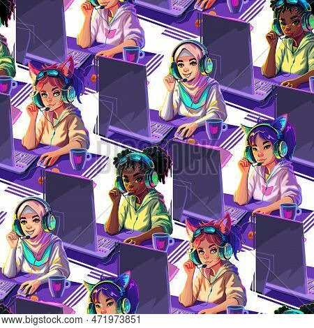 Abstract Seamless Pattern Of Diverse Girls Gamers Or Streamers Sits In Front Of A Computers.