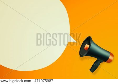 Vector Realistic 3d Simple Black Megaphone With Speech Buble On Orange Background. Design Template, 