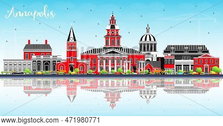 Annapolis Maryland City Skyline With Color Buildings, Blue Sky And Reflections. Vector Illustration.