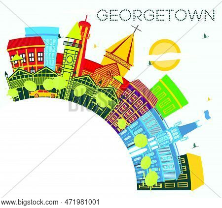 Georgetown Guyana City Skyline With Color Buildings, Blue Sky And Copy Space. Vector Illustration. T