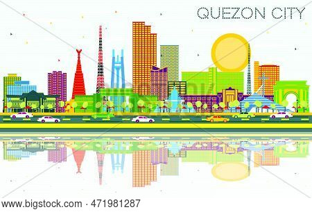 Quezon City Philippines City Skyline With Color Buildings, Blue Sky And Reflections. Vector Illustra