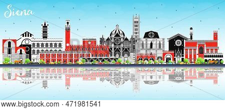 Siena Tuscany Italy City Skyline With Color Buildings, Blue Sky And Reflections. Vector Illustration