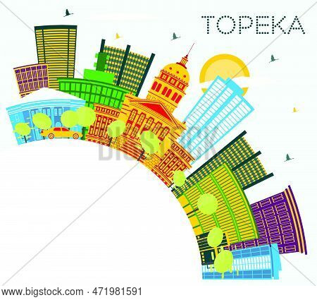 Topeka Kansas Usa City Skyline With Color Buildings, Blue Sky And Copy Space. Vector Illustration. B