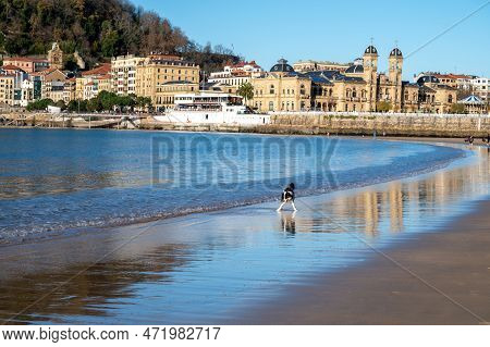 White Sandy La Concha Beach In Central Part Of Donostia Or San Sebastian City, Basque Country, Spain