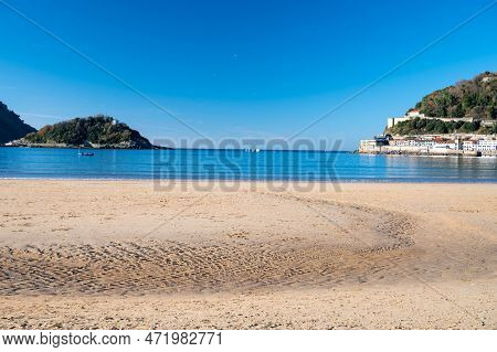 White Sandy La Concha Beach In Central Part Of Donostia Or San Sebastian City, Basque Country, Spain