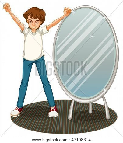 一个男孩在白色背景上的镜子旁边的插图