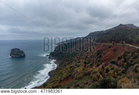 Atlantic Ocean Coastline Near Famous Landmark And Film Location In North Of Spain, Ocean Islet With