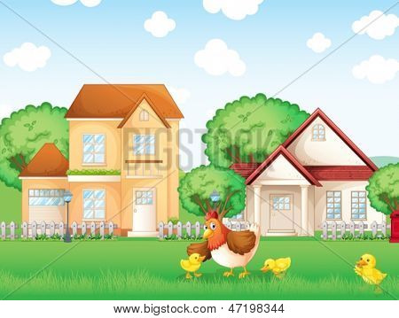 Illustrazione di pollo e suoi piccoli pulcini
