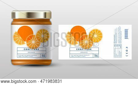 Orange Confiture. Sweet Jam. Transparent Slices, Halves And Cut Fruits. Label And Packaging Simple D
