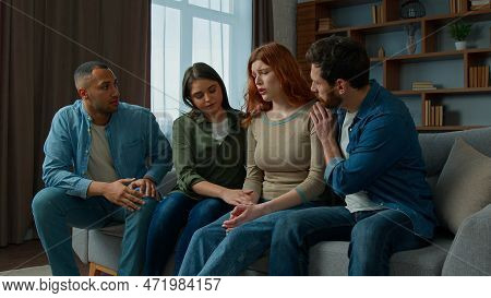 Sad Desperate Girl Talk Share Problem With Friends In Group Psychological Therapy At Home Diverse Et