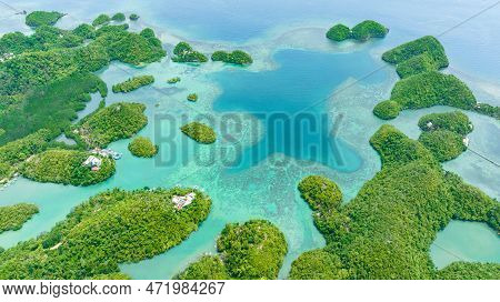 Aerial Drone Of Islands In The Turquoise Water Of The Lagoon. Seascape In The Tropics. Sipalay, Negr