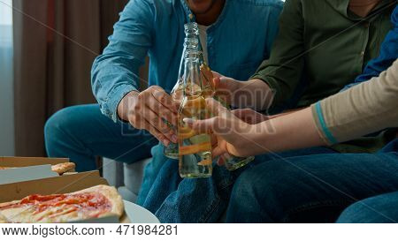 Close Up Cropped View Unrecognizable Guys Girls Fellows Drink Beer Clink Bottles Diverse Ethnic Frie