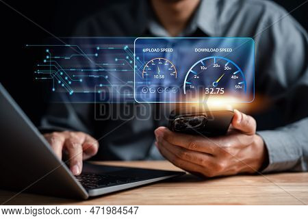 Fast Internet Connection Speedtest Bandwidth Network Technology, Man Using Internet High Speed By Sm
