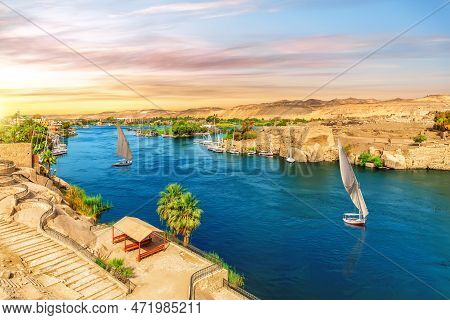 The Nile River And Traditional Feluccas In Aswan, Egypt, Beautiful Aerial View