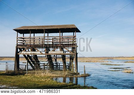 Hunting Pulpit Landscape. High Water Level. River Floded Field. Wooden Tower Outdoor. Podlasie Regio