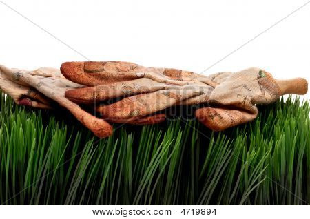 Vecchio indossato Workgloves sull'erba verde