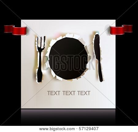 Ripped paper design for restaurant menu Plate, knife and fork