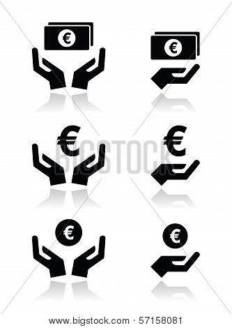 Hands with euro banknote, coin vector icons set