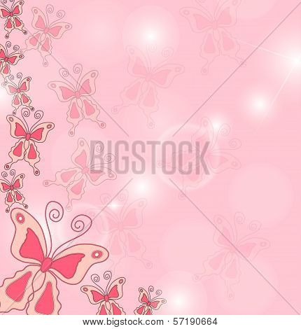Hand draw background of pink butterflies.