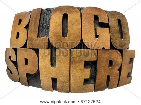 internet concept - blogosphere word in fisheye lens perspective - isolated in text in vintage letterpress wood type