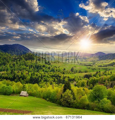 Meadow On  Hillside Meadow In Mountain At Sunset