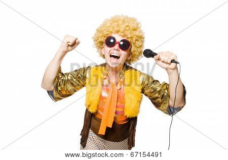 Man with afrocut and mic isolated on white