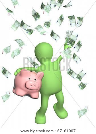 Happy puppet with piggy bank and banknotes of euro. Isolated on white background