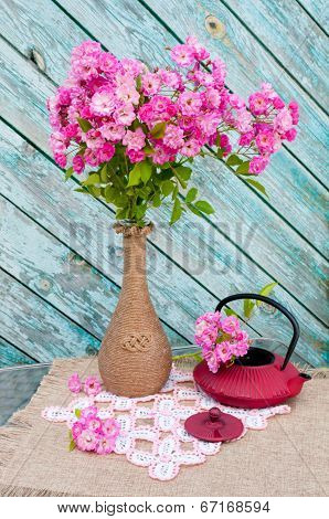 Still Life Bouquet With Roses And Tea Pot