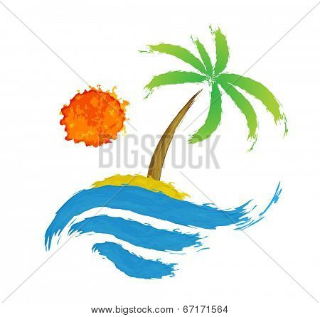 Tropical palm on island with sea. Vector illustration.