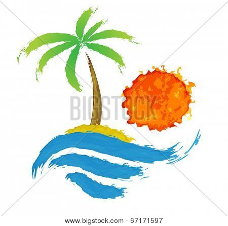 Tropical palm on island with sea. Vector illustration.