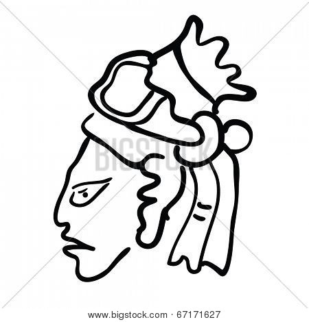 Face in style of Maya Indians, vector illustration on white background