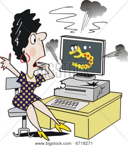 Kvinde ved computer tegneserie