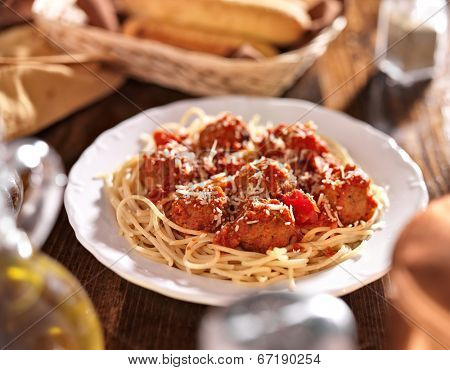 italian spaghetti and meatballs in tomato sauce.