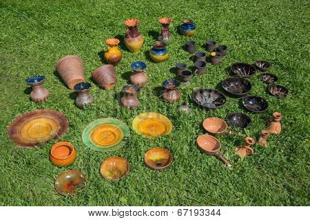 Traditional Latgale Handcrafted, Colorful Decorated Glaze Plates And Pottery Outdoor