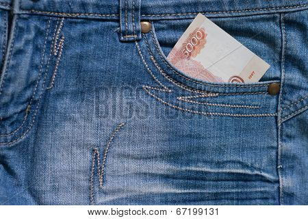 Five Thousand Ruble Note in the pocket of jeans
