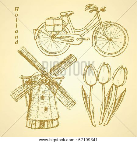 Sketch Holland Windmill, Bicycle And Tulip, Vector Background