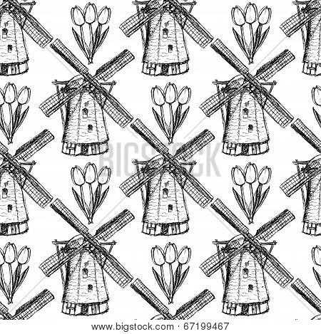 Sketch Tulip And Windmill, Vector  Seamless Pattern