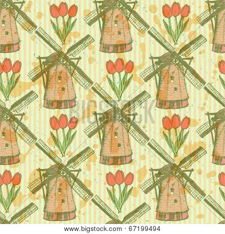 Sketch Tulip And Windmill, Vector  Seamless Pattern