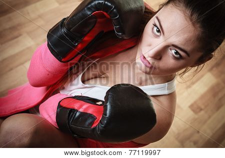 Sport Boxer Woman In Black Gloves Boxing