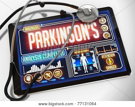 Parkinson's Diagnosis on the Display of Medical Tablet.