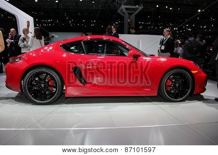 NEW YORK - APRIL 1: Porsche exhibit Cayman GTS at the 2015 New York International Auto Show during Press day,  public show is running from April 3-12, 2015 in New York, NY.