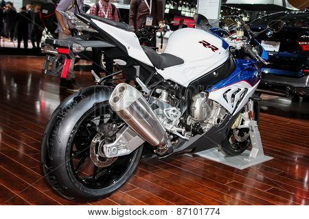 NEW YORK - APRIL 1: BMW exhibit 2015 BMW S 1000 RR at the 2015 New York International Auto Show during Press day,  public show is running from April 3-12, 2015 in New York, NY.