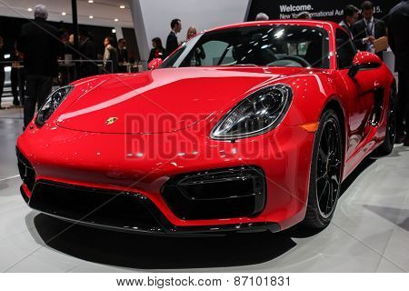 NEW YORK - APRIL 1: Porsche exhibit Cayman GTS at the 2015 New York International Auto Show during Press day,  public show is running from April 3-12, 2015 in New York, NY.