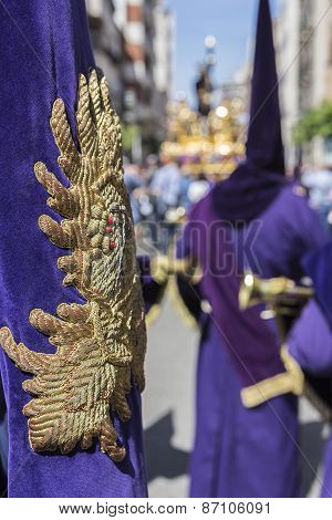 Detail Of Embroidery And Tassel In A Purple Banner, Traditional Dress Of Holy Week
