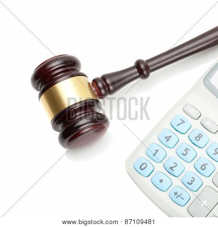Wooden Judge's Gavel And Neat Calculator Next To It
