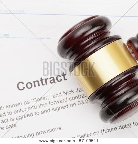 Wooden Judge's Gavel And Contract