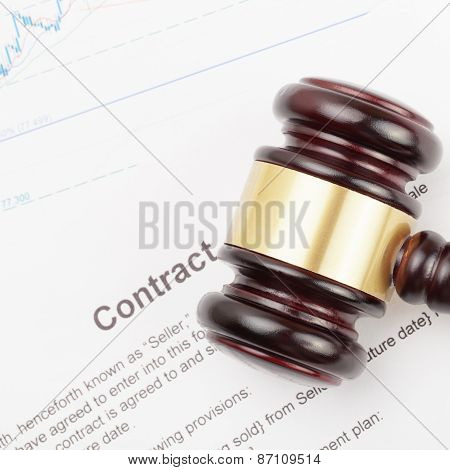 Wooden Judge's Gavel Over Contract And Financial Charts