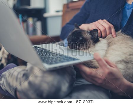 Woman With Cat And Laptop