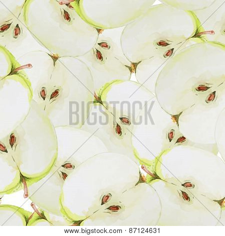 Watercolor seamless pattern with green sliced apples. Hand drawn design. Vector summer fruit illustr